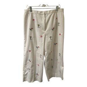 Coastal Embroidered Palm Tree Shell‎ Crop Pants Cream Wide Leg 16W Resort Travel